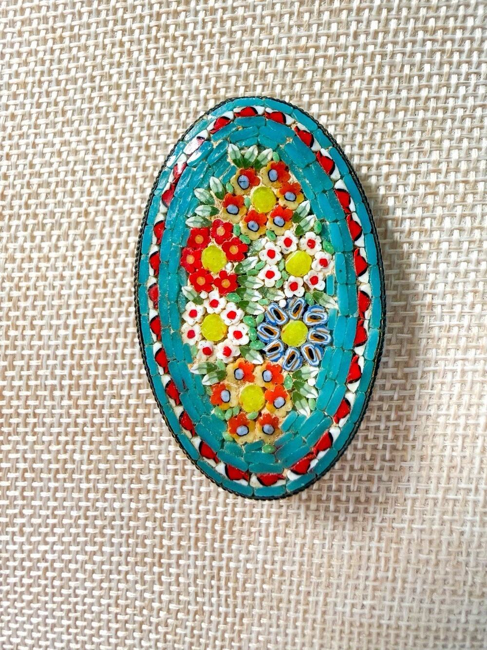 Vintage Italian Micro Mosaic Floral Brooch Oval Glass Tesserae Victorian